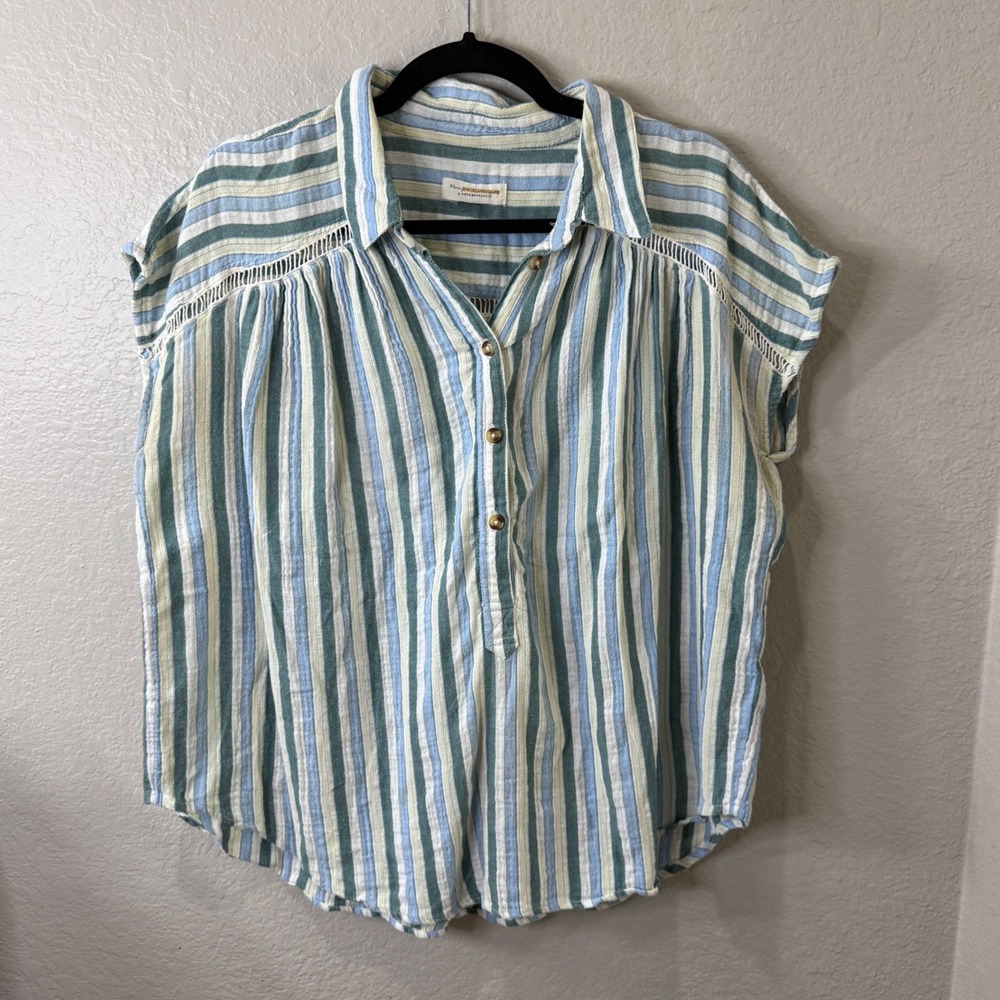Pilcro Anthropologie Striped 100% Cotton Top Blue Green M Coastal Boho Preppy